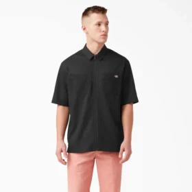 Mixed Media Zip Front Short Sleeve Work Shirt