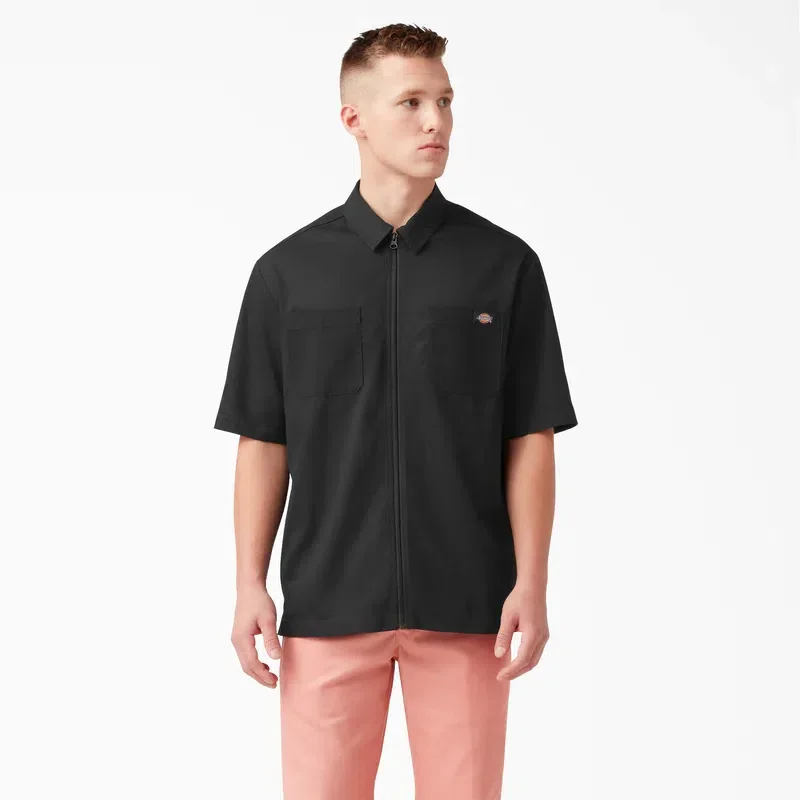 Mixed Media Zip Front Short Sleeve Work Shirt Mixed Media Zip Front Short Sleeve Work Shirt