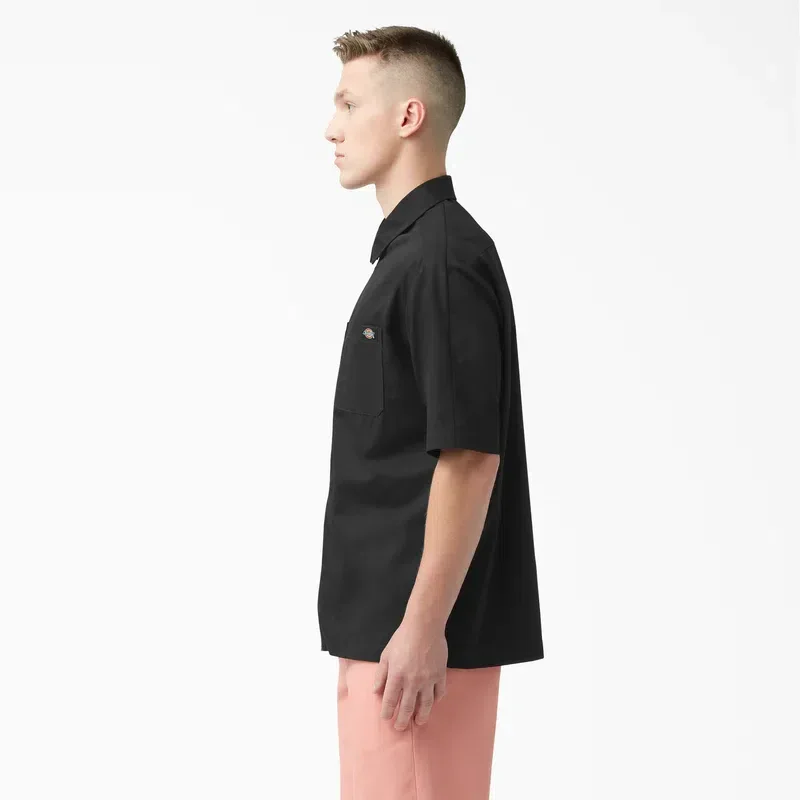 Mixed Media Zip Front Short Sleeve Work Shirt Mixed Media Zip Front Short Sleeve Work Shirt