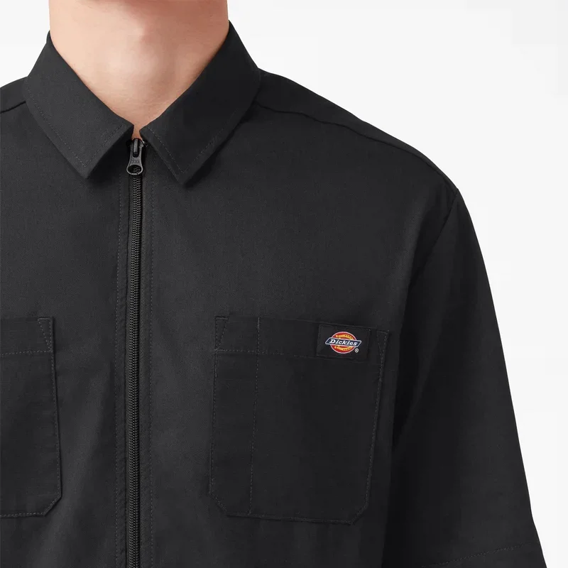Mixed Media Zip Front Short Sleeve Work Shirt Mixed Media Zip Front Short Sleeve Work Shirt